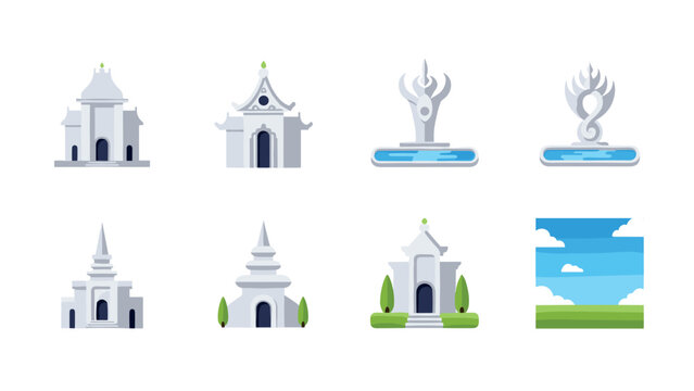 Flat style buddhist temples and pagodas with serene landscapes