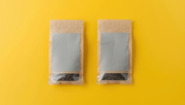 Two teabags with gray unlabeled tags on yellow backdrop