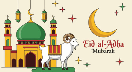 Fototapeta premium Celebrating Eid al-Adha with a majestic ram standing before a mosque under a crescent moon