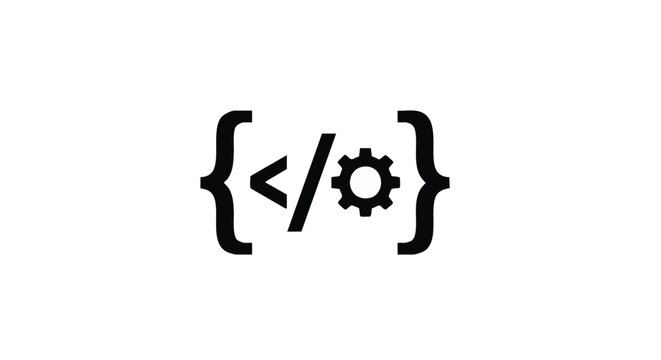 Code Brackets with Gear Icon Silhouette on White Background