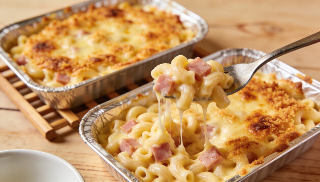 Delicious baked mac and cheese with ham in foil container ready to eat on wooden table at studio with a bright light