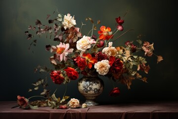 Fototapeta premium Artistic still life arrangement of vibrant and fading flowers in a decorated vase