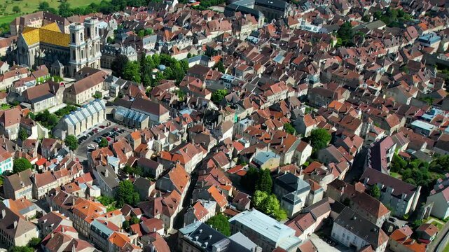 An Aerial panoramic view of the old town of the city  Langres on a sunny summer noon in France.