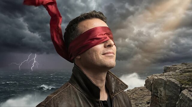 Blindfolded man smiling peacefully on cliff during storm. Psychology of denial and avoiding reality with copy space