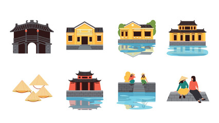 Naklejka premium Traditional vietnamese architecture and culture: iconic landmarks and scenes in flat design
