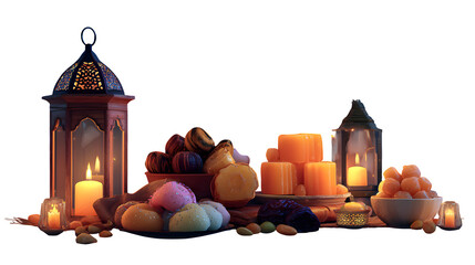 Festive still life with sweets and lanterns isolated on transparent background