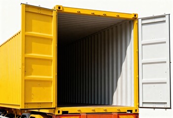 Open yellow shipping container on red trailer in sunlight.