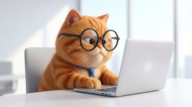 Smart ginger cat wearing glasses working on a laptop in an office(オフィスでノートパソコンに向かうメガネをかけた賢い茶トラ猫)