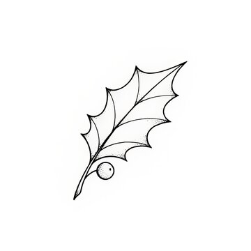 Hand drawn fine line single Holly leaf tattoo sketch isolated on white background. Minimalist floral element.