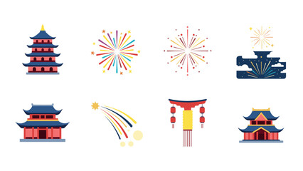 Obraz premium Colorful asian themed icon set with pagoda, torii gate, fireworks, and temples