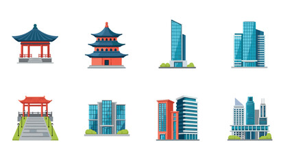 Naklejka premium Modern and traditional asian architectural icons set on white background