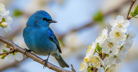 photograph of a real life small blue bird perched delicately on a blossoming tree branch the bird has vibrant turquoise and sky blue feathers  © abuzar