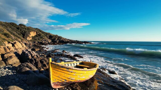 Weathered yellow rowboat rests on rocky shore with crashing waves