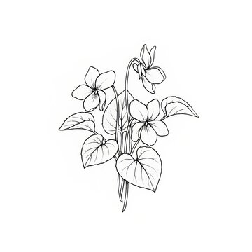 Hand drawn fine line Violet cluster tattoo sketch isolated on white background. February floral composition.