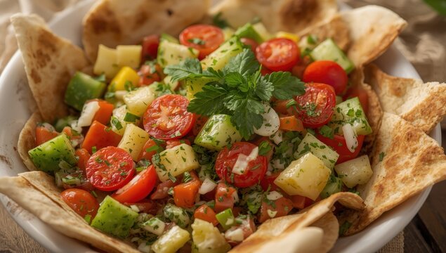 Vibrant veggie salad with pita. Fattoush