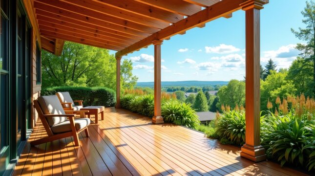 Patio de madera al aire libre con tablas de cedro brillantes, follaje verde vibrante y fondo de cielo azul brillante
