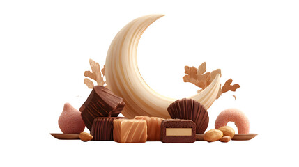 Crescent moon with assorted chocolates isolated on transparent background
