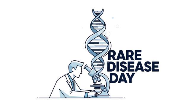 Vector illustration of a scientist examining a DNA double helix with a microscope on Rare Disease Day to raise awareness for genetic disorders and undiagnosed conditions globally.