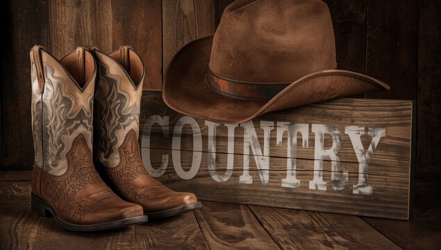 Western boots, hat, and a rustic country sign on wood