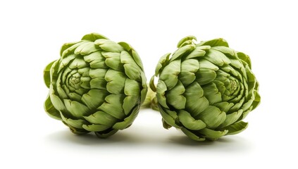 Whole raw green artichokes on a white background. Organic Italian edible flower buds