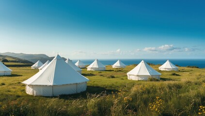 Naklejka premium White tents set up in a coastal field