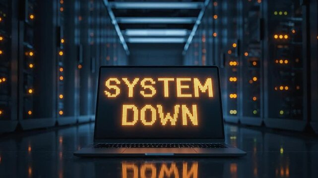 System Down message displayed on laptop screen in a server room, symbolizing technical issues and downtime