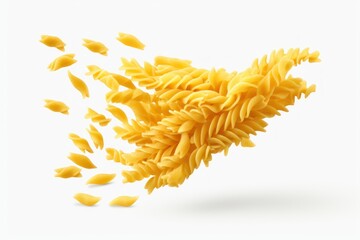 Dry fusilli pasta pieces twirling and falling on a white background