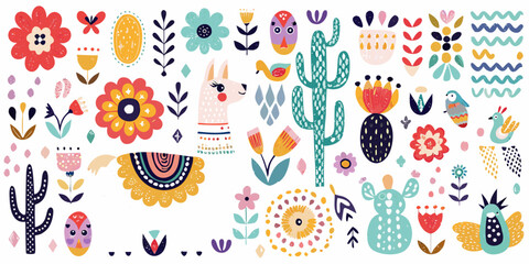 Colorful southwestern inspired floral and cactus pattern with whimsical creatures © Juran