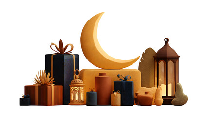 Ramadan celebration gifts and crescent moon 3d style isolated on transparent background