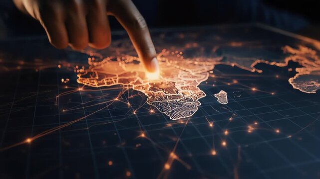 man pointing at illuminated center of africa on physical world map