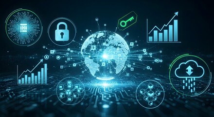 Digital world with interconnected technology and data visualization concepts