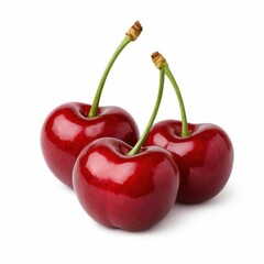 Ripe cherries on stem, isolated on white background