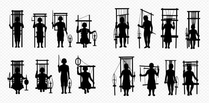 Set of Silhouettes of People Weaving on Traditional Looms, Illustrating Ancient Textile Craft and Handmade Fabric Production.