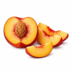 Freshly cut juicy peach with slices on a plain backdrop