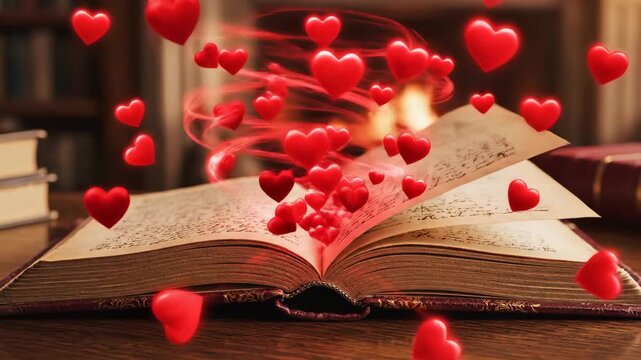 Open antique book with red hearts and magical light swirling from pages
