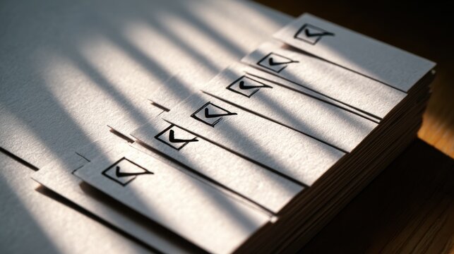Close-up of a stack of documents with check marks, suggesting completion or approval. The image emphasizes the details of the documents and the patterns created by the light