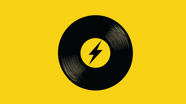 A vinyl record graphic on a vibrant yellow background, with a lightning bolt symbol in center