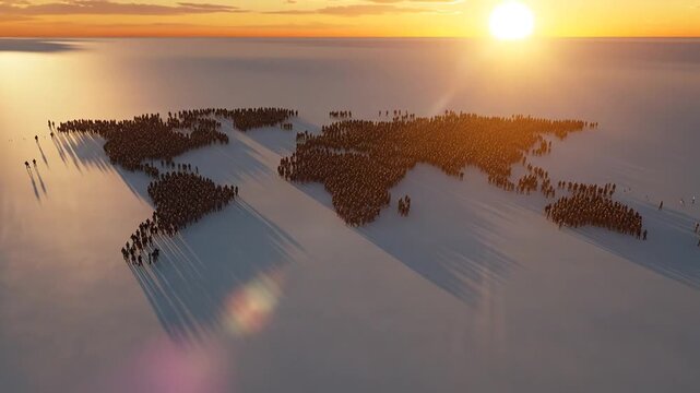 A beautiful 3D render shows the world map formed by trees under a warm sunset with long shadows
