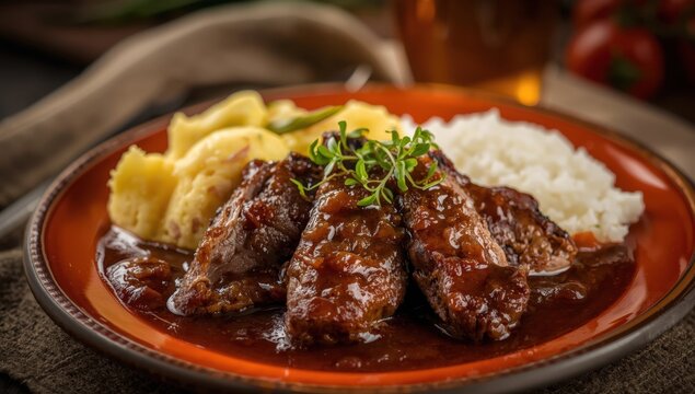 Classic Brazilian dish of beef tongue in Madeira sauce served with mashed potatoes and rice