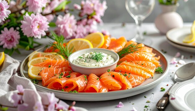 R&auml;ucherlachsplatte mit Meerrettich-Dip