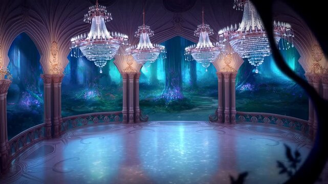 Enchanted ballroom with sparkling chandeliers and mystical forest backdrop. A magical setting for events, celebrations, and storytelling