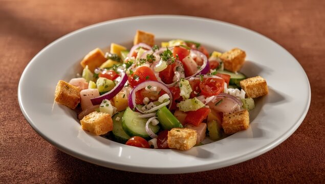 Classic fattoush salad served with pita croutons, cucumber, tomato, red onion, mixed vegetables, and herbs