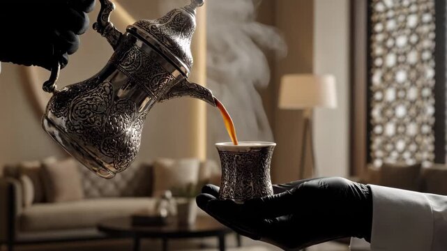Close up of Arabic coffee being poured from a traditional brass dallah into a finjan cup representing cultural hospitality, luxury hotel service, and a welcoming business atmosphere in the Middle East