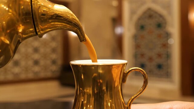 Close up of Arabic coffee being poured from a traditional brass dallah into a finjan cup representing cultural hospitality, luxury hotel service, and a welcoming business atmosphere in the Middle East