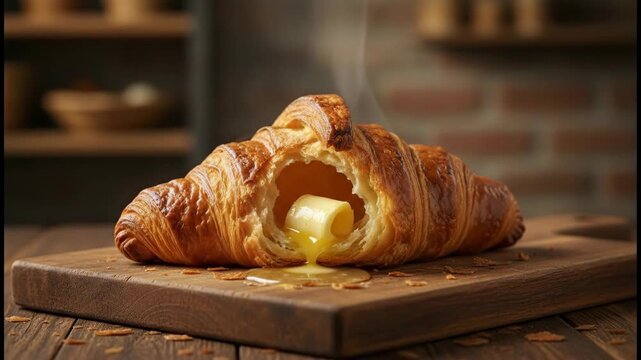 Buttery croissant with melting butter and warm steam on wooden board flaky pastry breakfast indulgence with honey oozing gooey center