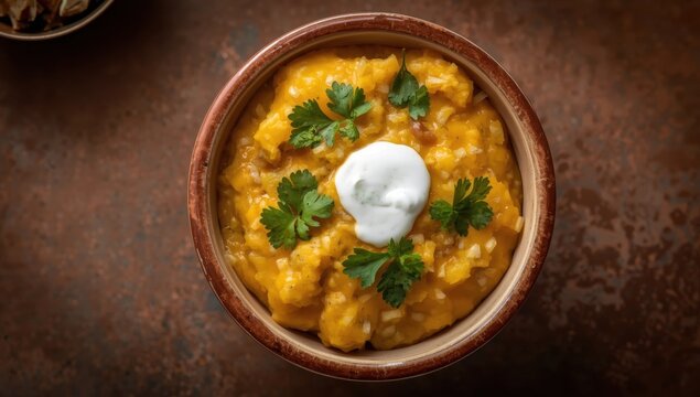 Spicy mashed potatoes called Aloo ka bharta or chokha, a northern Indian dish, served in a bowl