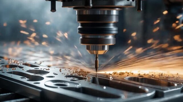 A metal part being machined by a precision tool, producing sparks. Industrial process