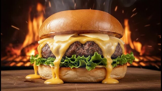 Juicy cheeseburger with melted cheese dripping over grilled patty and lettuce toasted bun front of flames, appetizing and sizzling against fire