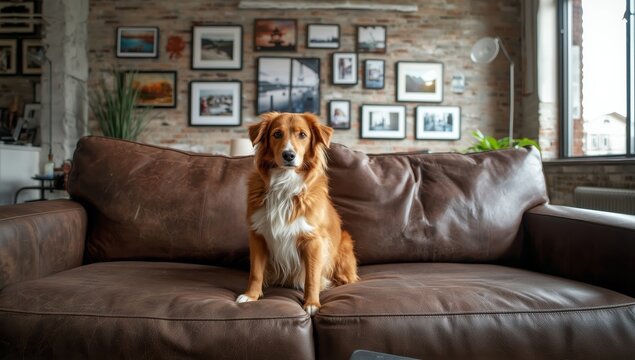A Nova Scotia Duck Tolling Retriever relaxes on a leather couch in a loft setting, with its image displayed on the wall