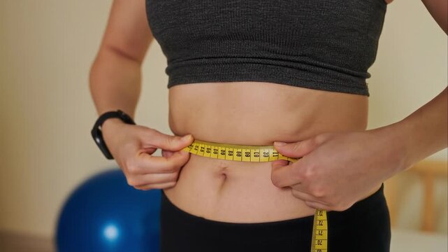 Midsection shot of unrecognizable woman in sportswear measuring her waist after training at home using tape, trying to lead healthy lifestyle and lose weight
